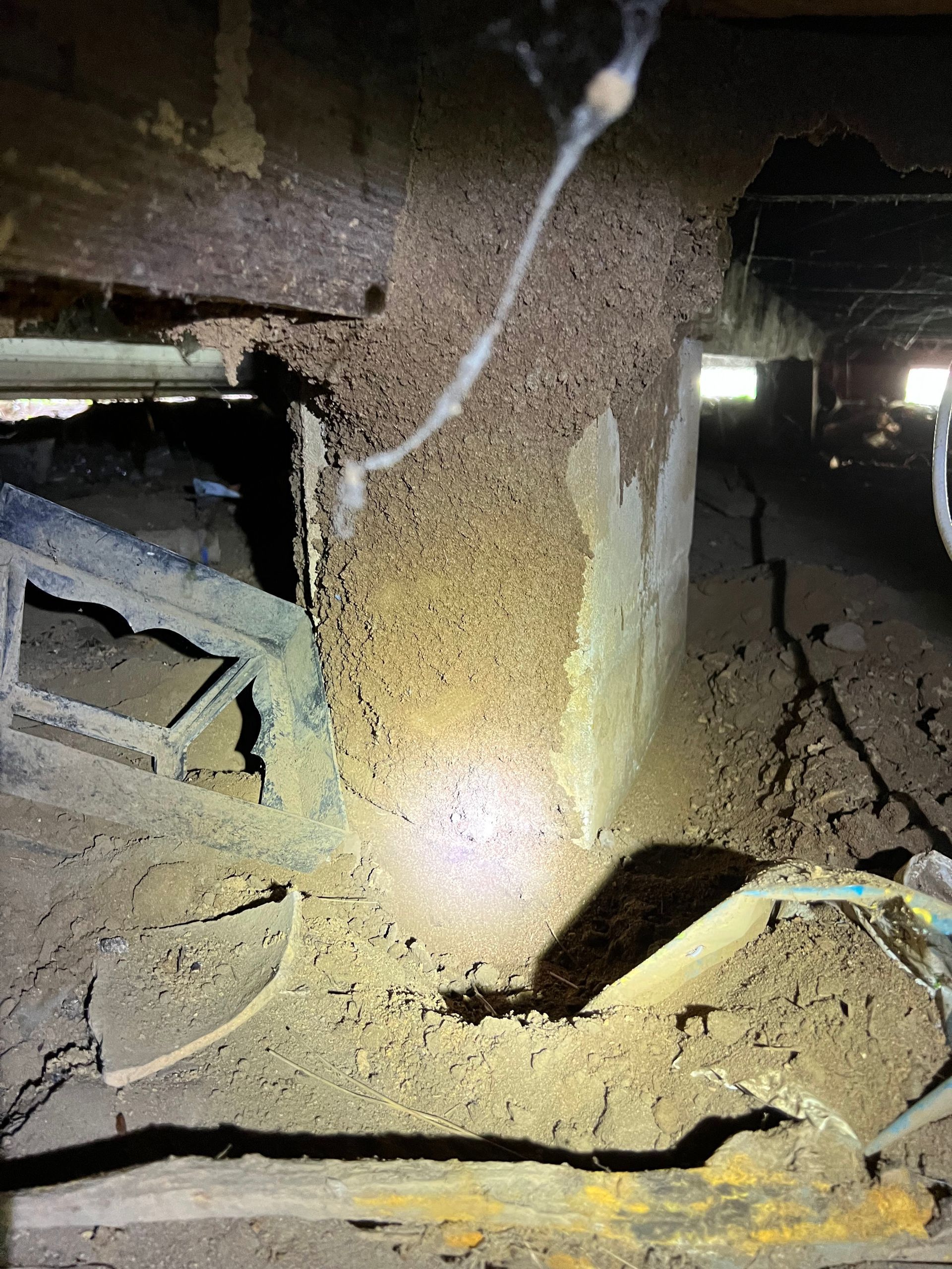 Termite nest inside a crawl space, showing damage to wood supports.