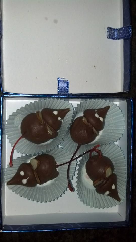Four chocolate-covered cherry mice in blue box with cupcake liners; brown, white, red, and blue.