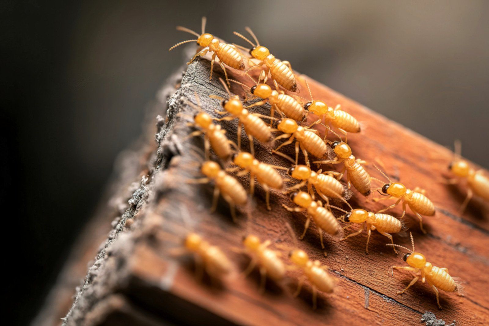 Termites crawling on a piece of wood; close-up shot.