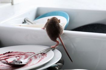 A brown mouse climbing on a spoon atop dirty dishes in a kitchen sink.