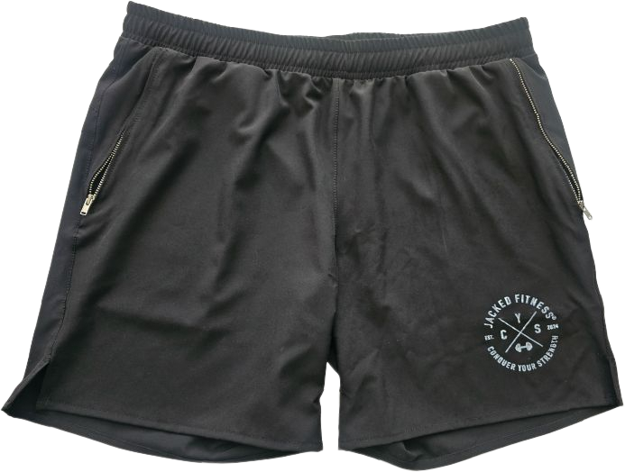 Black athletic shorts with zippered pockets and logo.