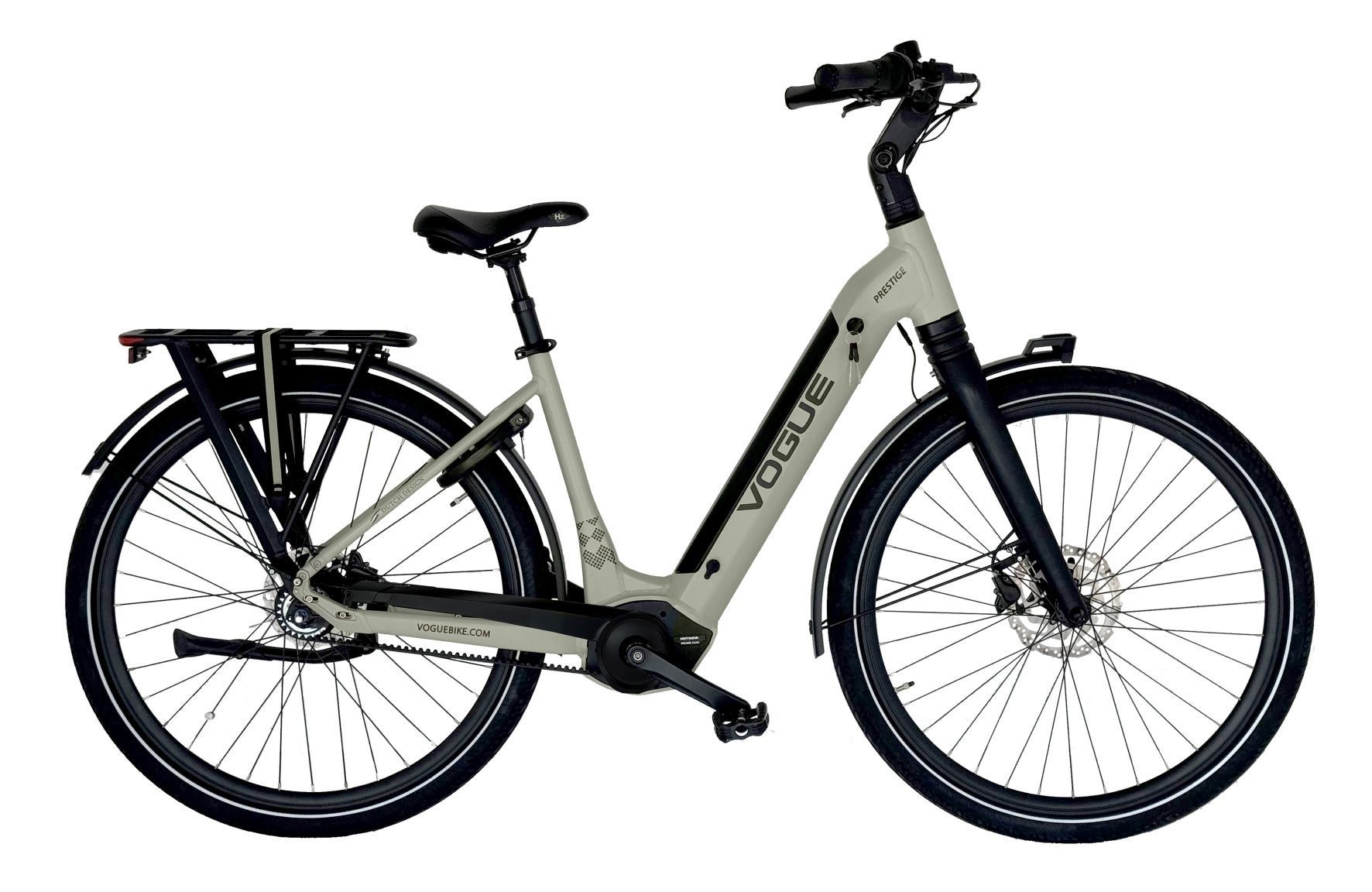Grijze Voltige e-bike met zwarte accenten, bagagedrager achterop en schijfremmen voor.
