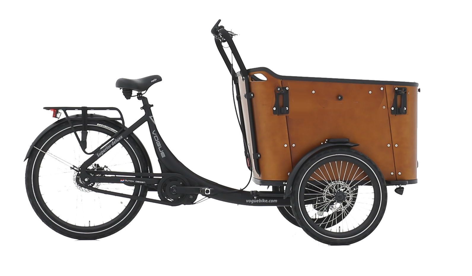 Zwarte bakfiets met bruine houten laadbak.