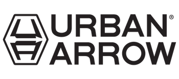 Logo voor Urban Arrow, een zeshoekige afbeelding met twee gespiegelde pijlen en tekst.