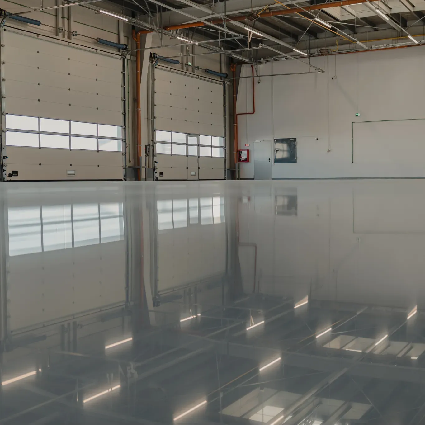 Empty industrial warehouse with a glossy reflective floor and large garage doors