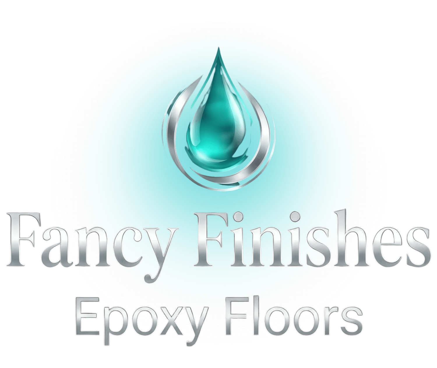 Fancy Finishes Epoxy Floors logo with teal water droplet icon and silver text
