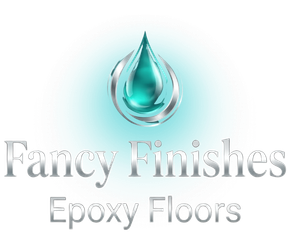 Fancy Finishes Epoxy Floors logo with teal water droplet icon and silver text