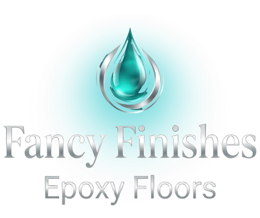 Fancy Finishes Epoxy Floors logo with teal water droplet icon and silver text