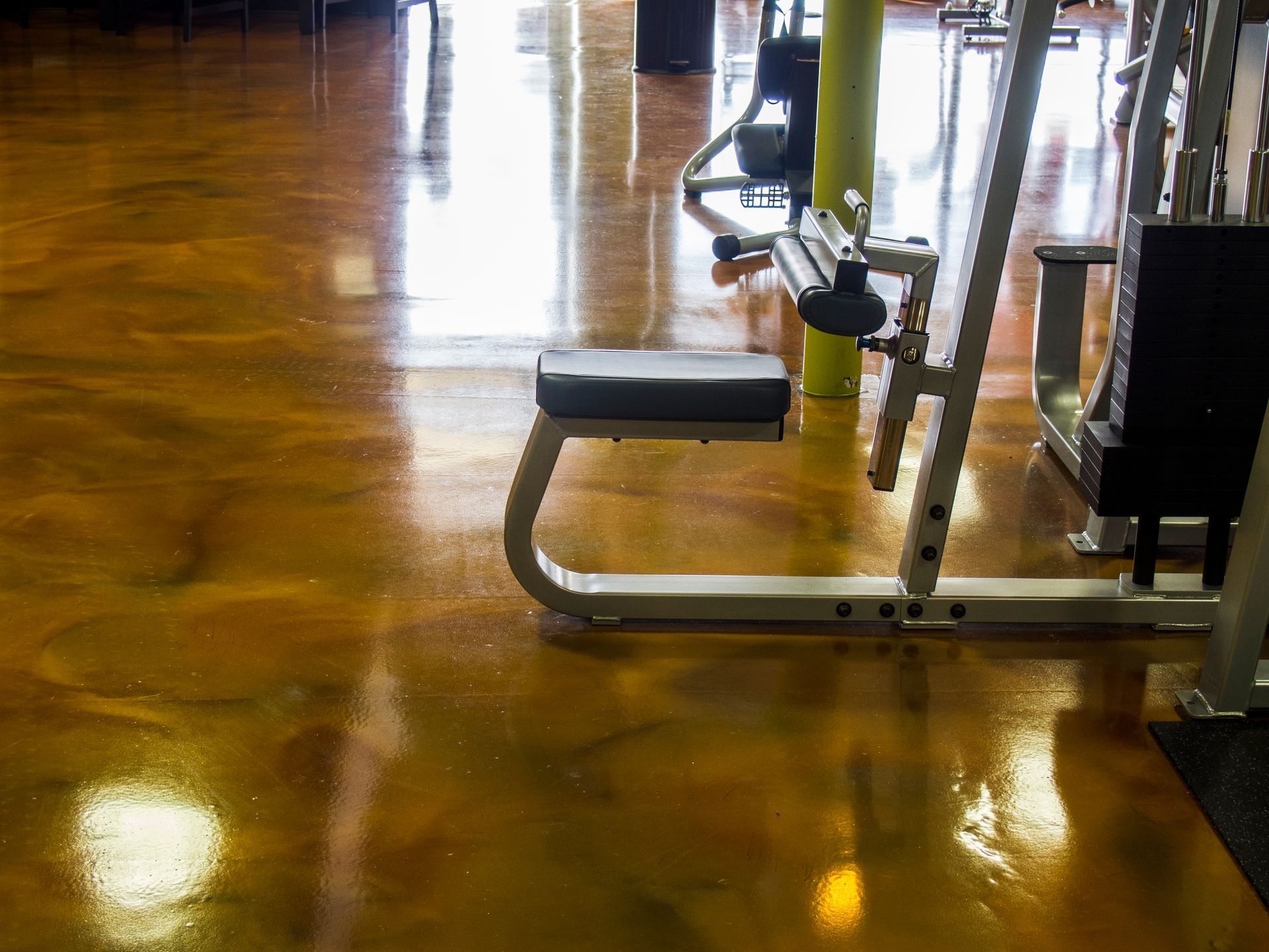Gym equipment on a polished wooden floor, with sunlight reflecting from large windows.