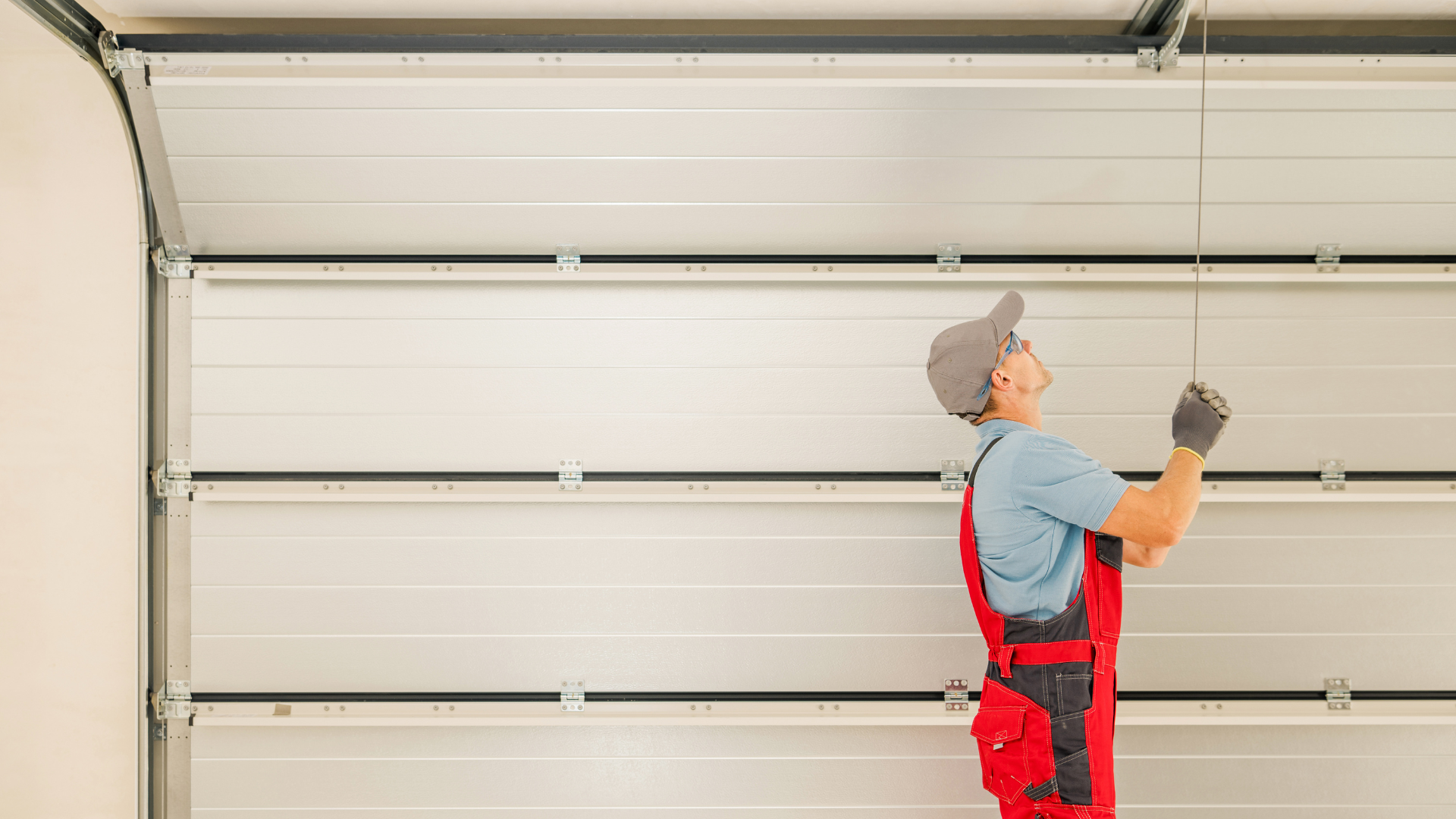 A man in red overalls fixing a garage door, looking up, inside a garage.