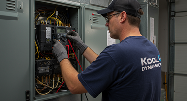 Technician wiring an open electrical control panel in a utility room