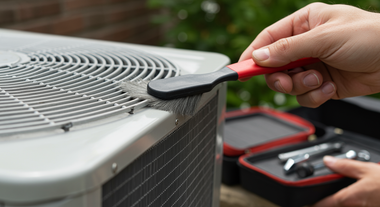 Hand cleaning dust from an outdoor air conditioner with a red-handled brush