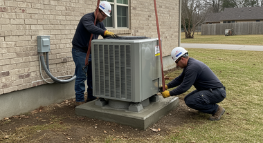 Two technicians working on an outdoor HVAC unit beside a house