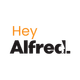 Hey Alfred! text in orange and black on a white background