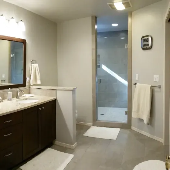 A bathroom with a sink and a mirror with the number 8 on it