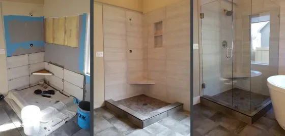 A before and after picture of a bathroom with a walk in shower.