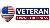 A veteran owned business logo with an american flag on a shield.