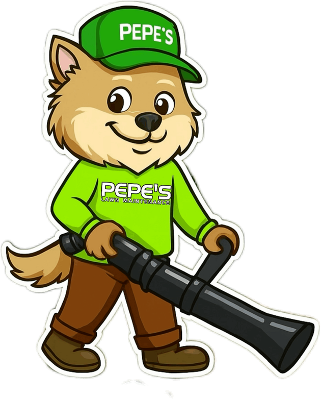 A cartoon of a dog wearing a pepe 's shirt raking leaves