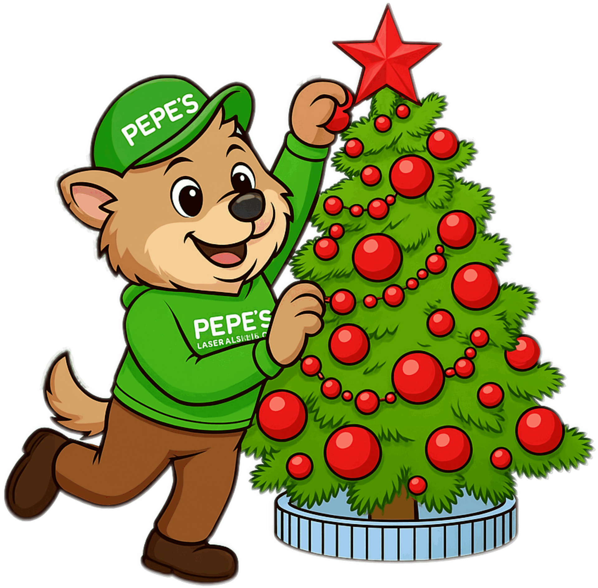 A cartoon dog in a green Pepe's uniform decorates a Christmas tree with red ornaments and a star.