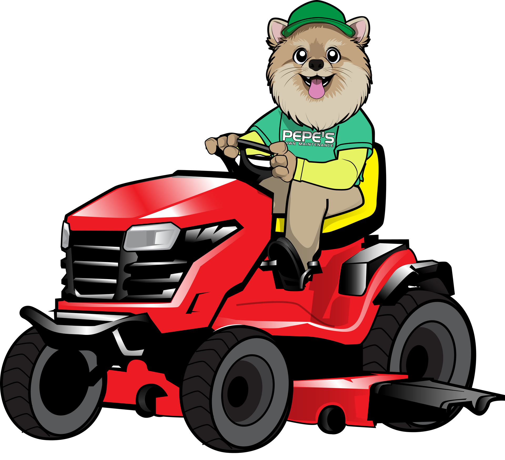 Pepe's Lawn Maintenance Mascot Riding a lawn mower
