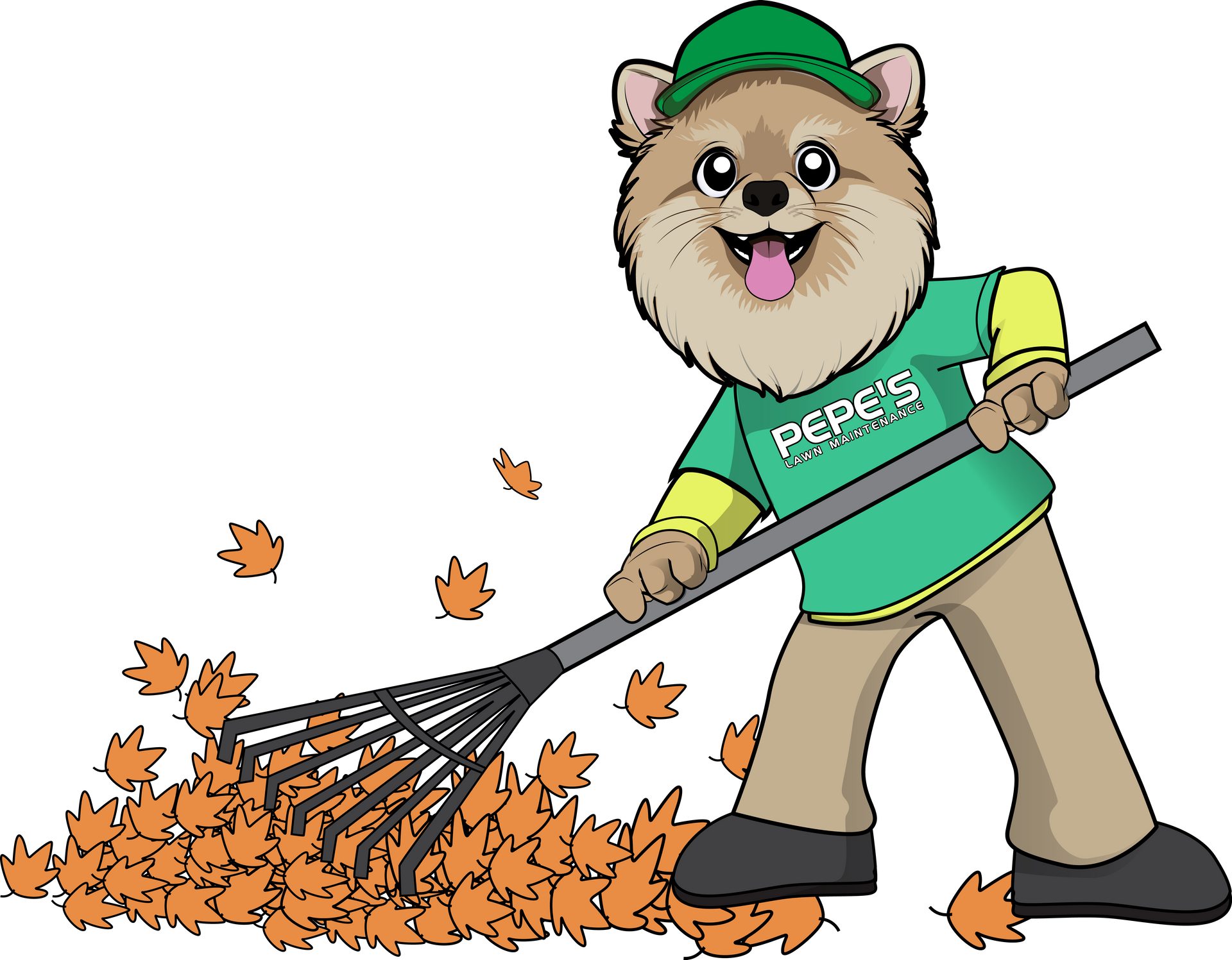 A cartoon of a dog wearing a pepe 's shirt raking leaves