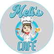 Meli's Cafe logo: Cartoon chef winking, holding sausage & pancakes, blue & gray.