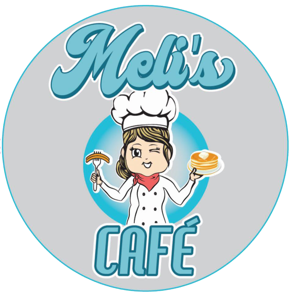 Meli's Cafe logo: Cartoon chef winking, holding sausage & pancakes, blue & gray.