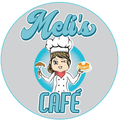 Meli's Cafe logo: Cartoon chef winking, holding sausage & pancakes, blue & gray.