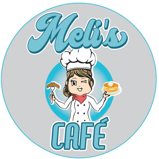 Meli's Cafe logo: Cartoon chef winking, holding sausage & pancakes, blue & gray.