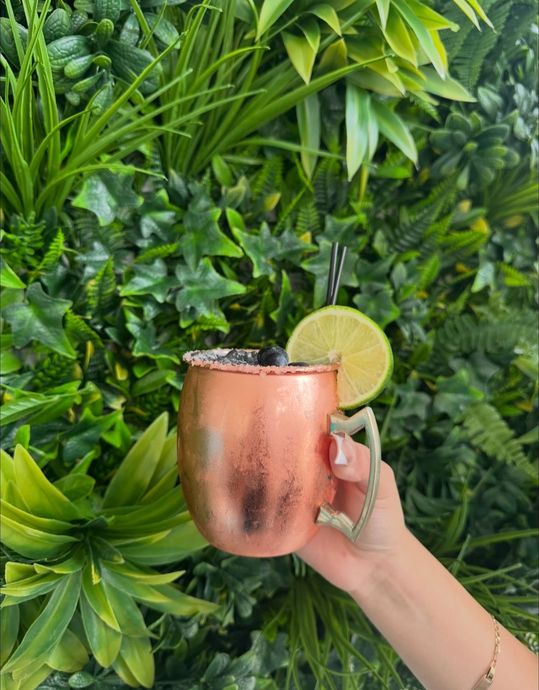 Hand holding a copper mug with a cocktail, lime slice garnish, against a green leafy wall.