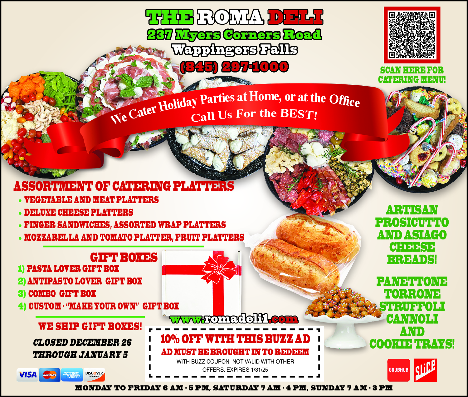 An advertisement for the roma deli shows a variety of food