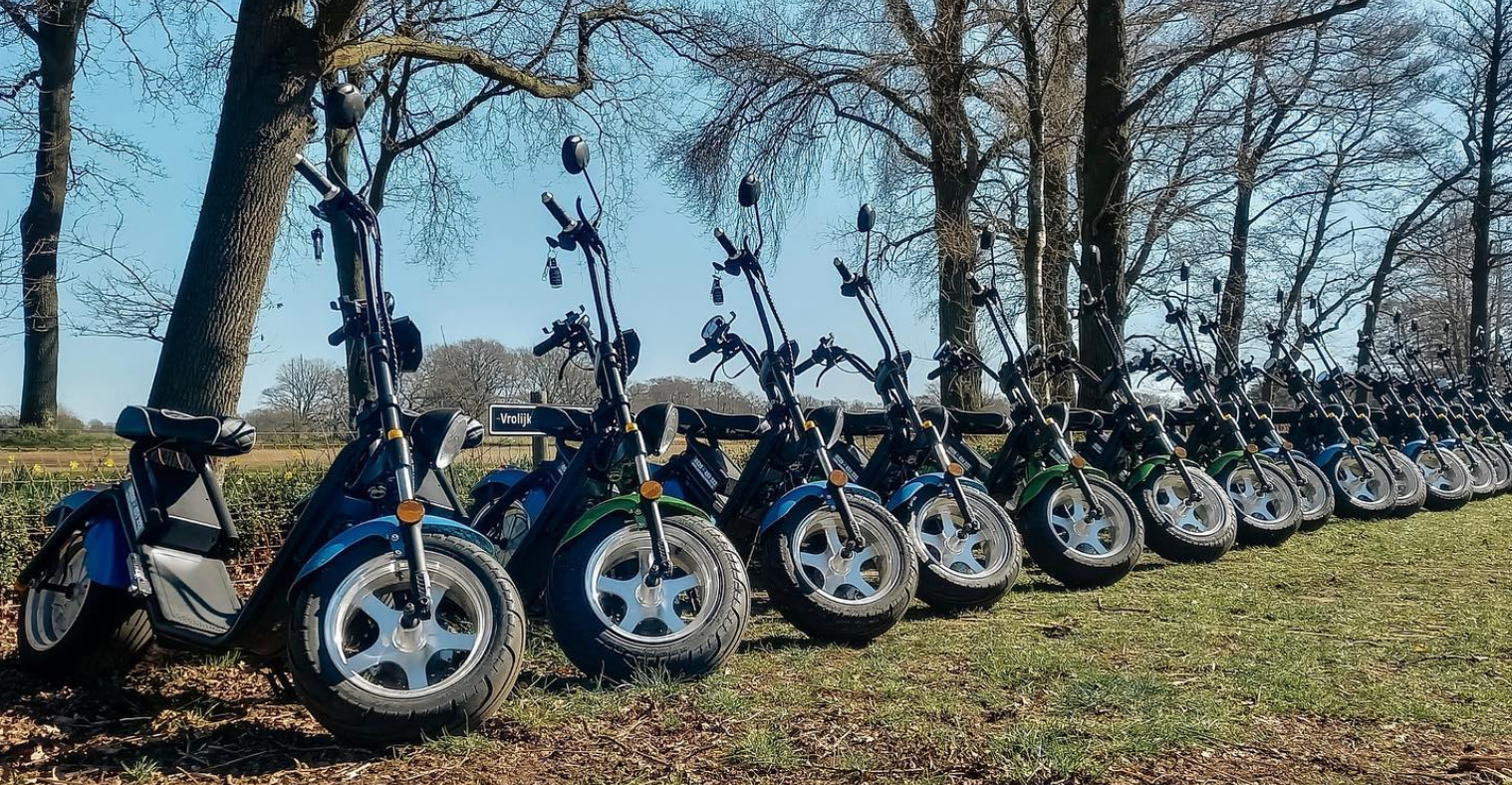 Een rij motorfietsen staat geparkeerd in een veld.