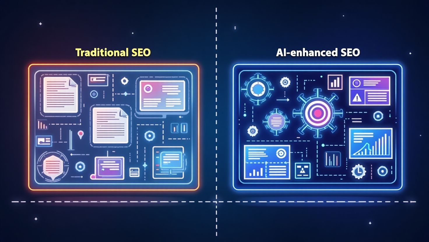 Split-screen digital illustration comparing Traditional SEO with AI-enhanced SEO, showcasing the evo