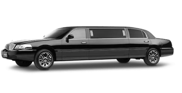 A black limousine is parked on a white background.