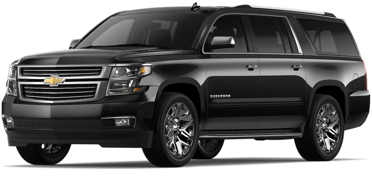 A black chevrolet suburban suv is parked on a white background.