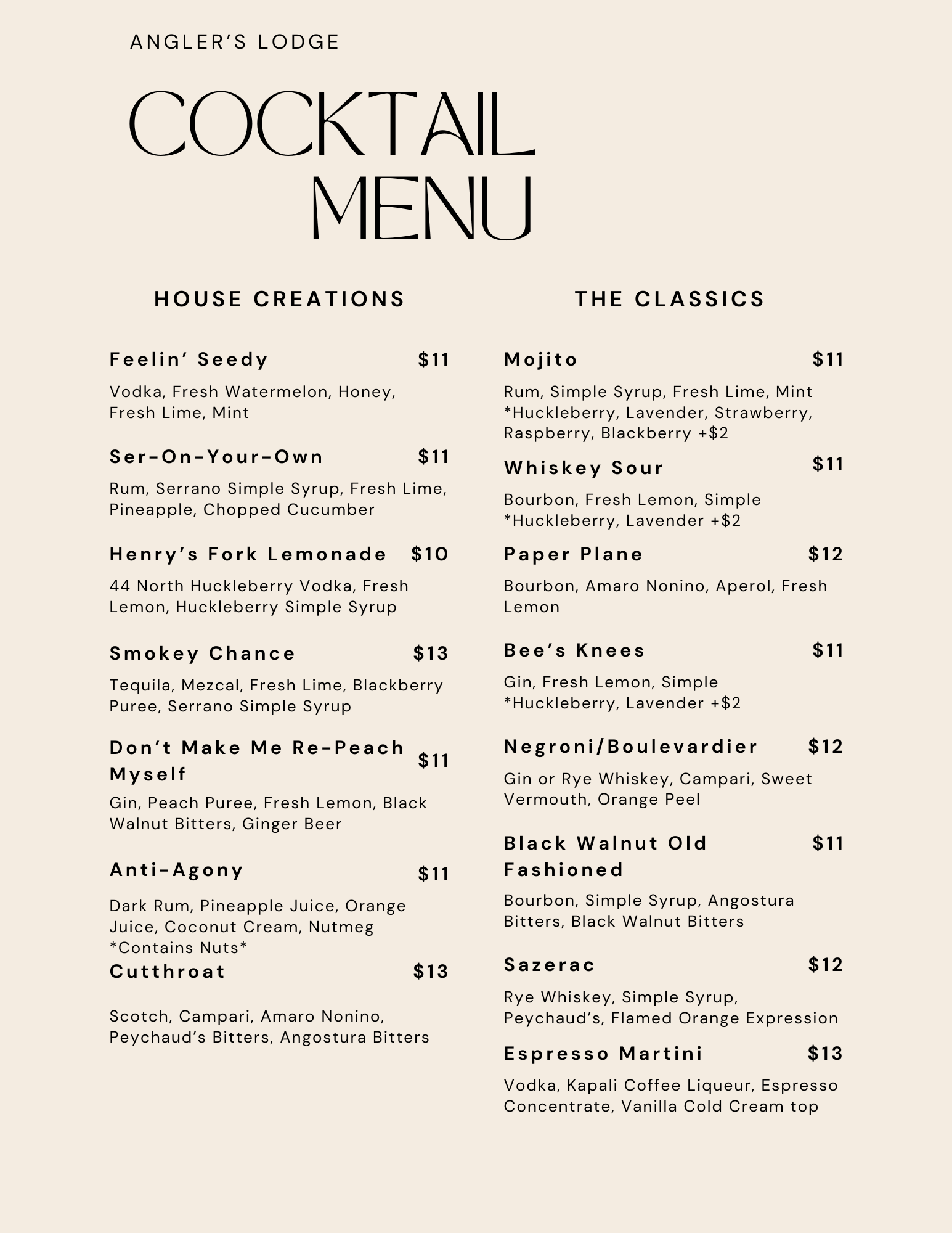 Angler's Lodge  Bar Menu