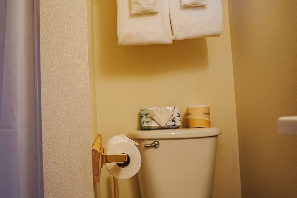Toilet in a bathroom with paper, towels, and a shower curtain.
