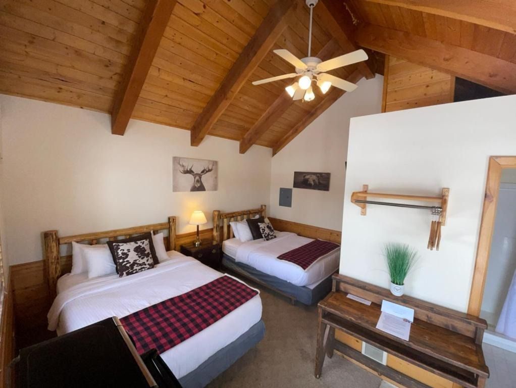 A rustic hotel room with two beds, wooden ceiling and walls, and a desk.