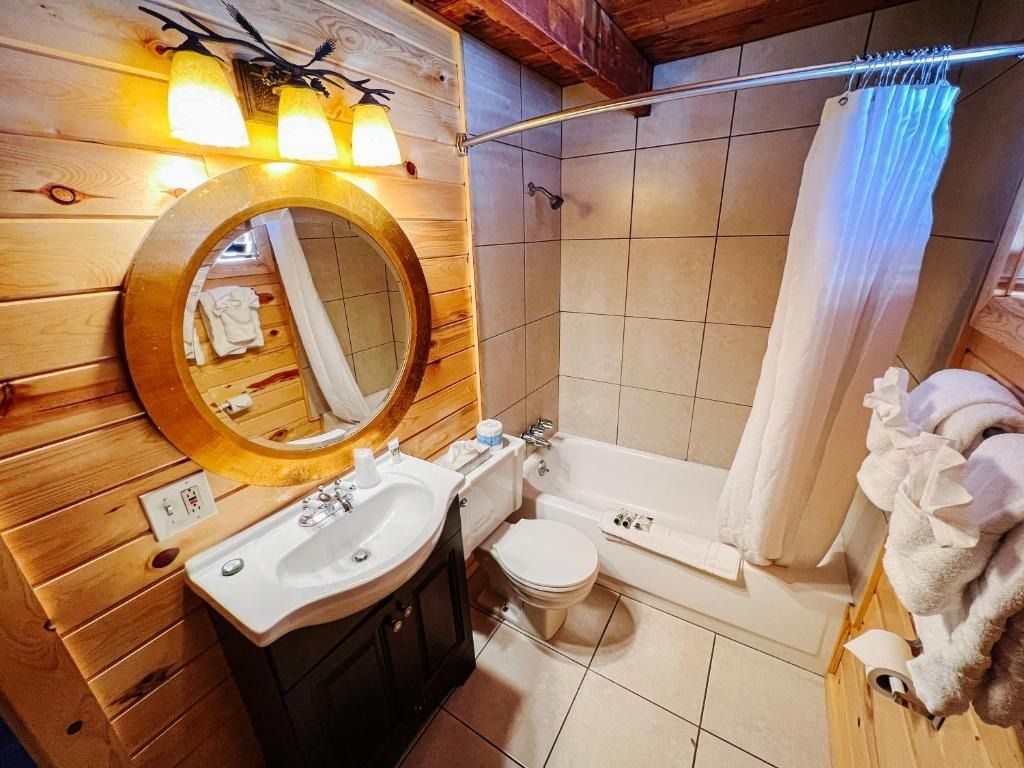 Bathroom with wood paneling, sink, toilet, and shower/tub.