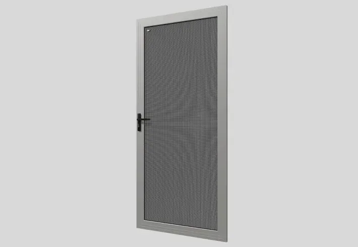 Silver screen door with a black handle against a gray background.