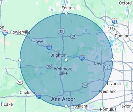 A map of a city and surrounding areas.