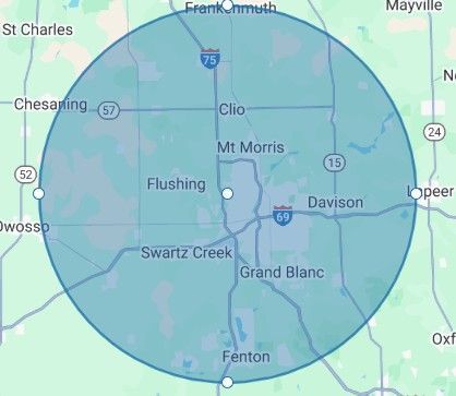 A map of a city and surrounding areas.