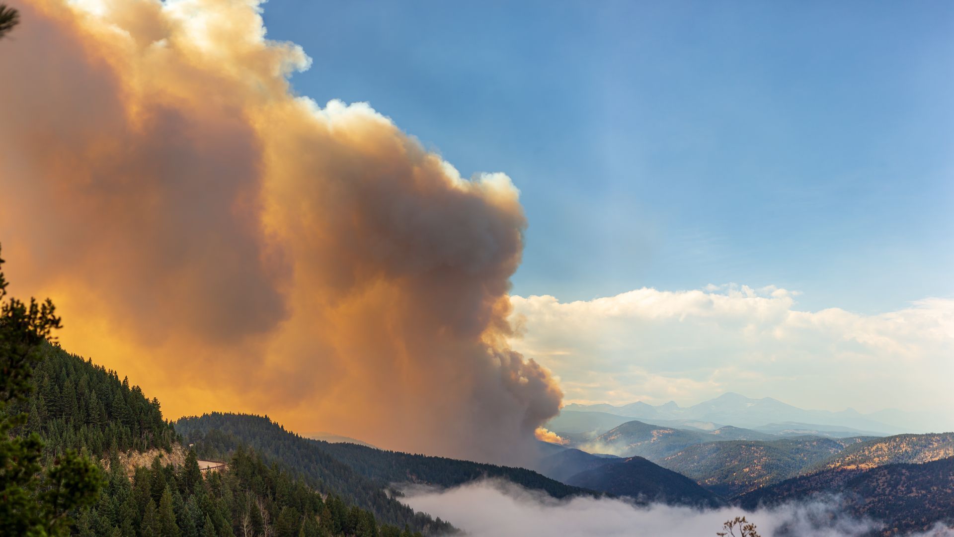 A large cloud of smoke is coming out of a forest fire in the mountains.