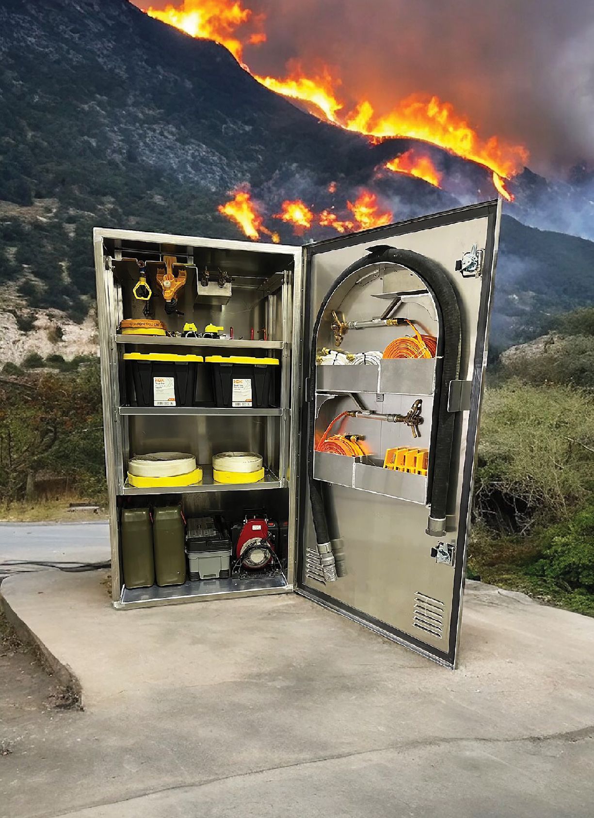 A fire equipment cabinet with a fire in the background.