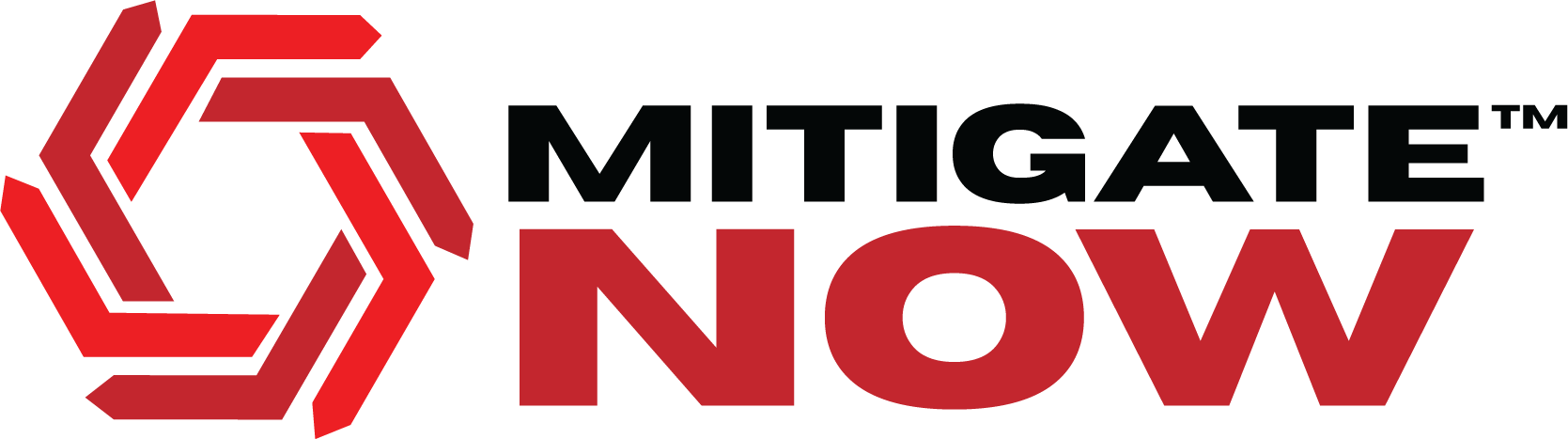 A red and black logo for mitigate now