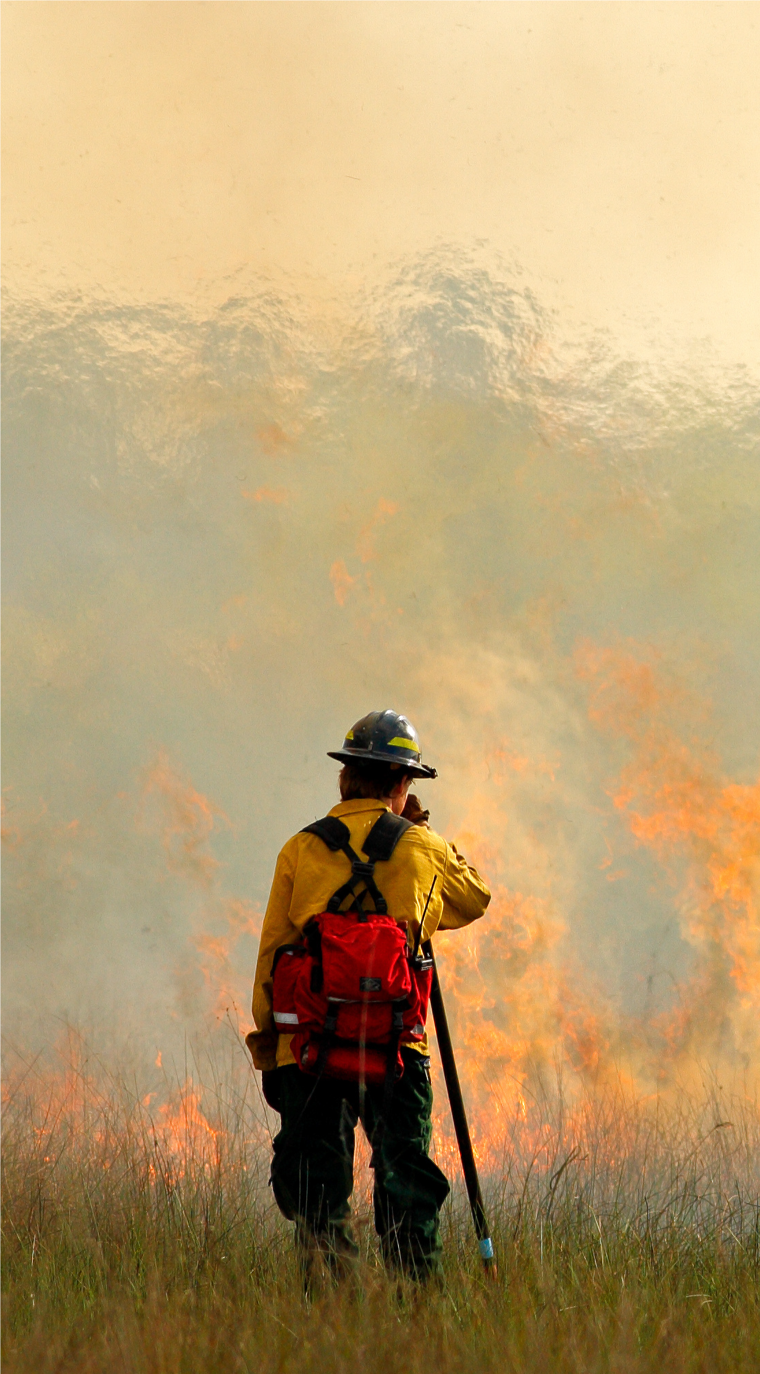 A firefighter is standing in a field looking at a fire.