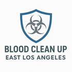 Logo for Blood Clean Up East Los Angeles, featuring a blue shield with a biohazard symbol inside.