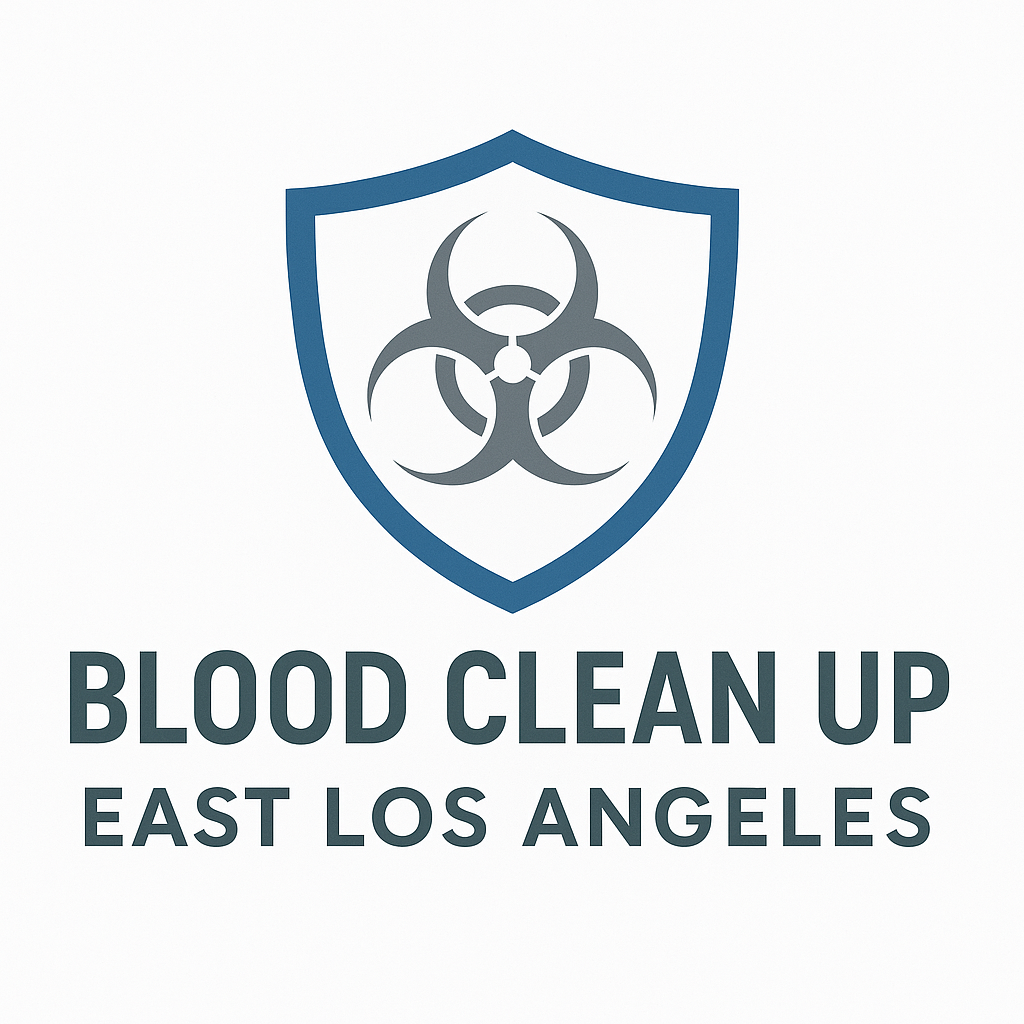 Logo for Blood Clean Up East Los Angeles, featuring a blue shield with a biohazard symbol inside.