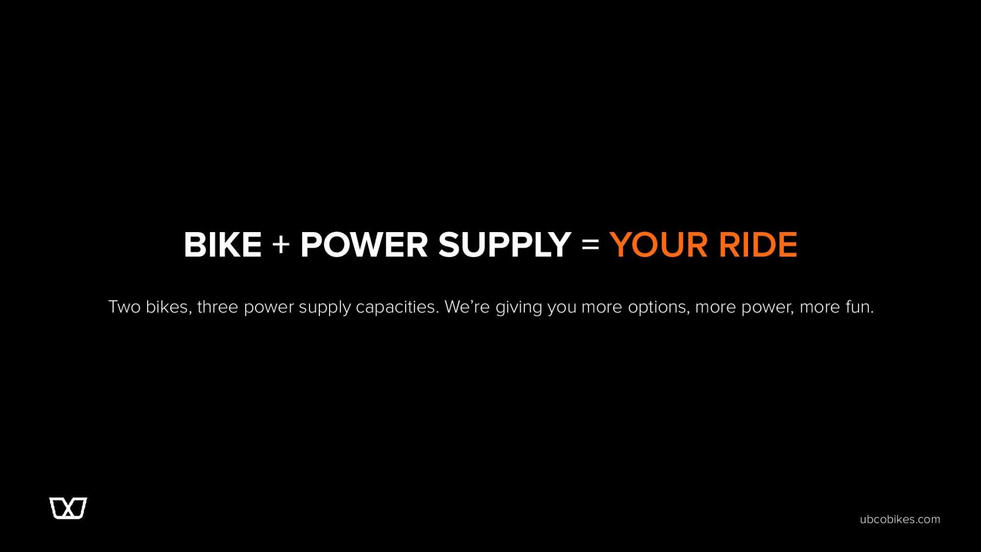 A black background with the words `` bike + power supply = your ride '' on it.