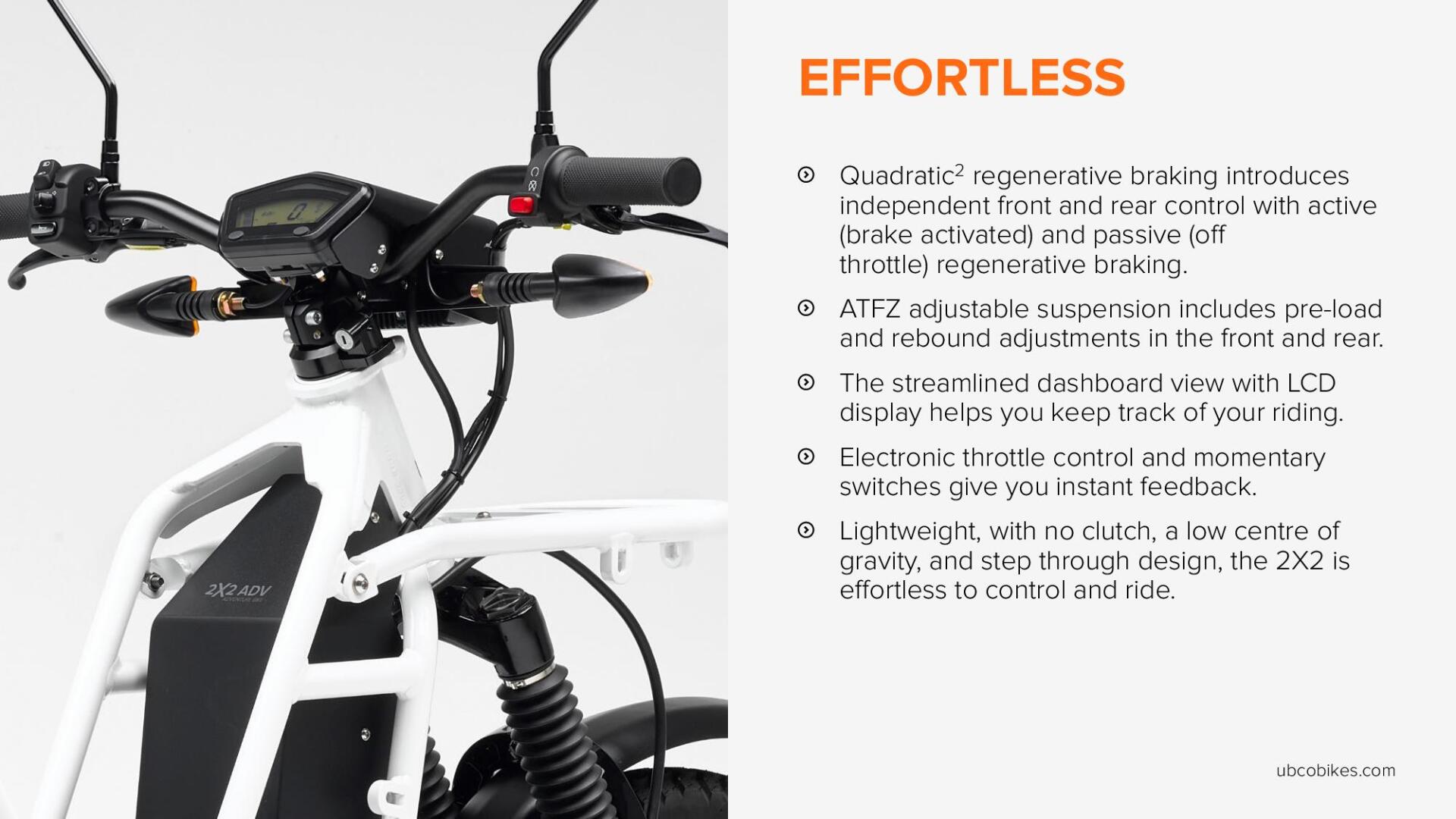 A close up of a motorcycle with the words `` effortless '' written on it.